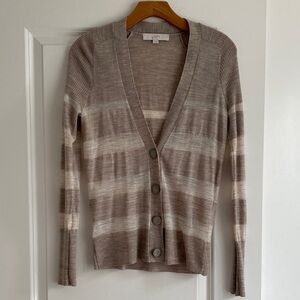 LOFT Taupe and Cream Striped V-Neck Button-Front Cardigan